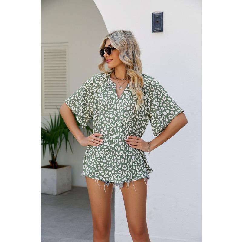 Плюс Размер Женский Летний Новый Леопардовый Принт Короткий Рукав V-образный Вырез Свободный Повседневный Расклешенный Рукав Топ