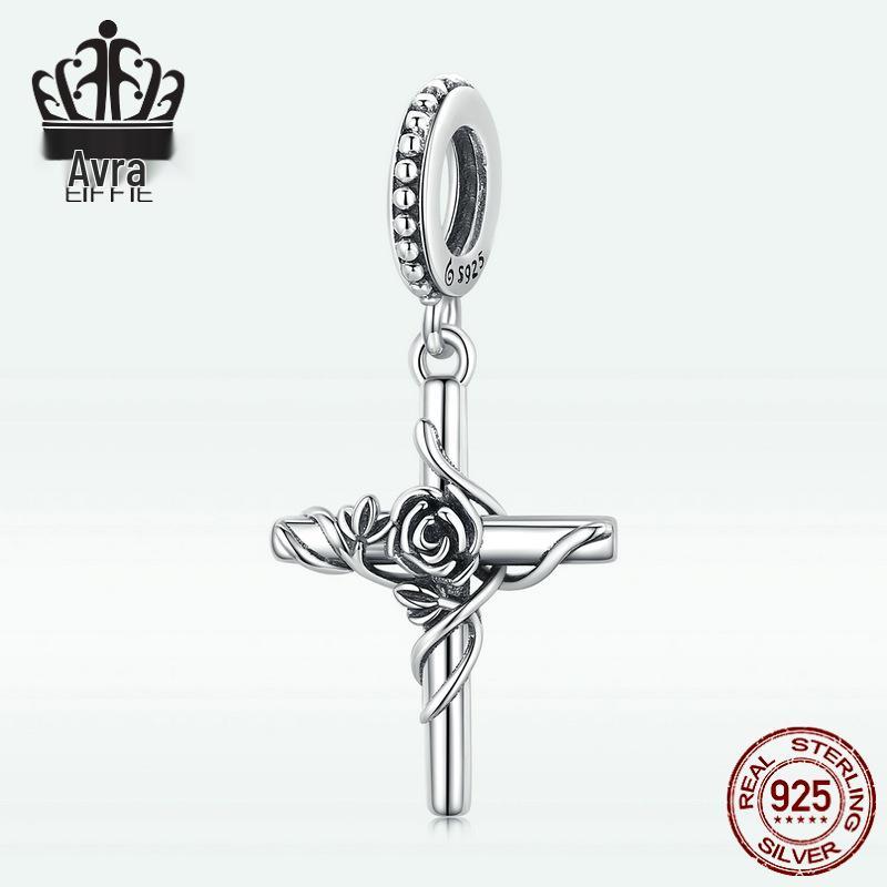 S925 Sterling Silver Rose Cross Pendant Bracelet with European & American Style Flower Beads