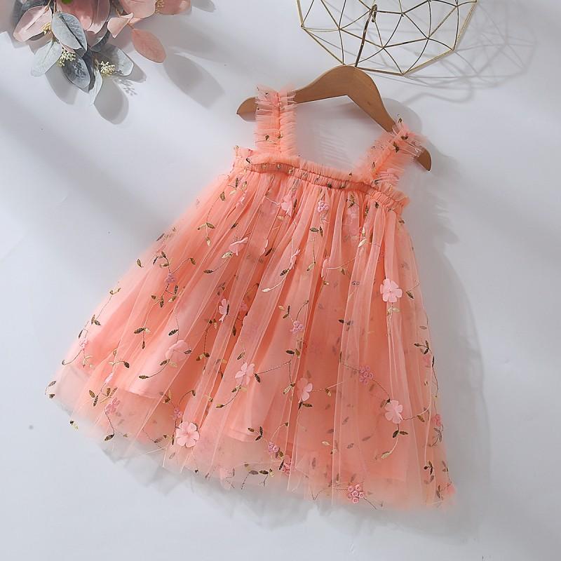 Girls Princess Dress Sleeveless Lace Tutu Embroidered Flower Patch Party
