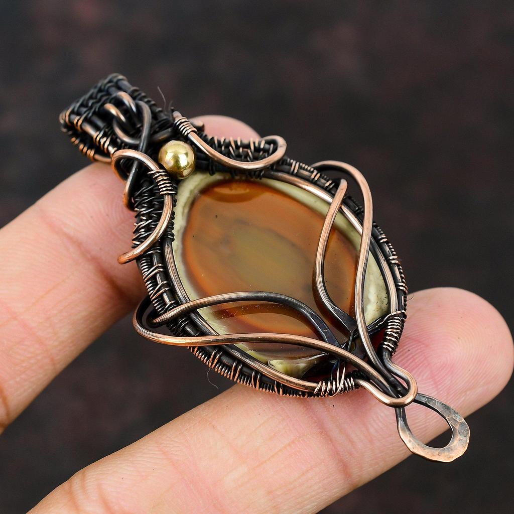 Императорский драгоценный камень яшма, обернутый медной проволокой, медные украшения, медная проволока, ювелирные изделия ручной работы для женщин, дизайнерский кулон, подарок для нее
