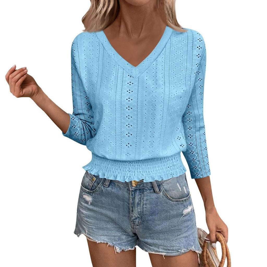 2026 Spring/Summer V-Neck Jacquard Smocked 7-Sleeve T-Shirt - Chic Casual Top