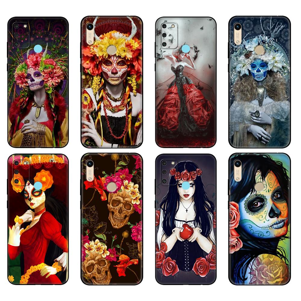 Black Tpu Case For Huawei Honor 8a 8s Prime 9 Lite Honor 9A 9C 9X Premium 9x Pro 9S Case Catrina Beautiful Rose Girl Skull Art