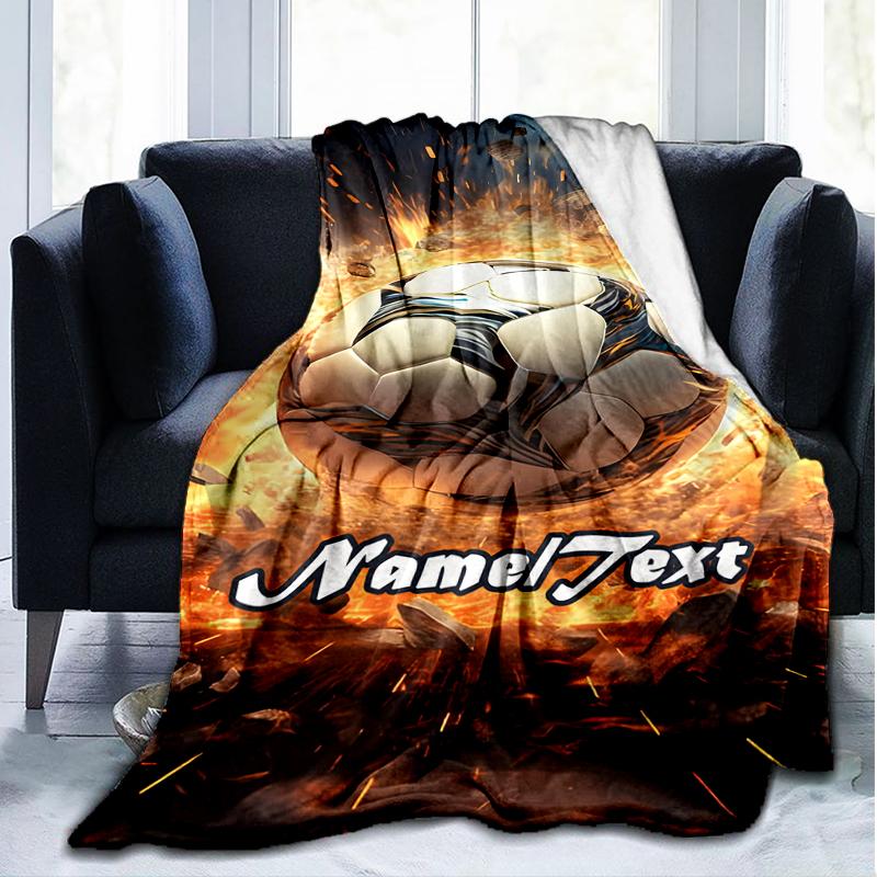 1PC Custom Name Soccer Ball Flames outdooor Flannel blankets Throw Blanket All-Season Throw Gift Bedspread for Couch, Bed, Camping Holiday Birthda