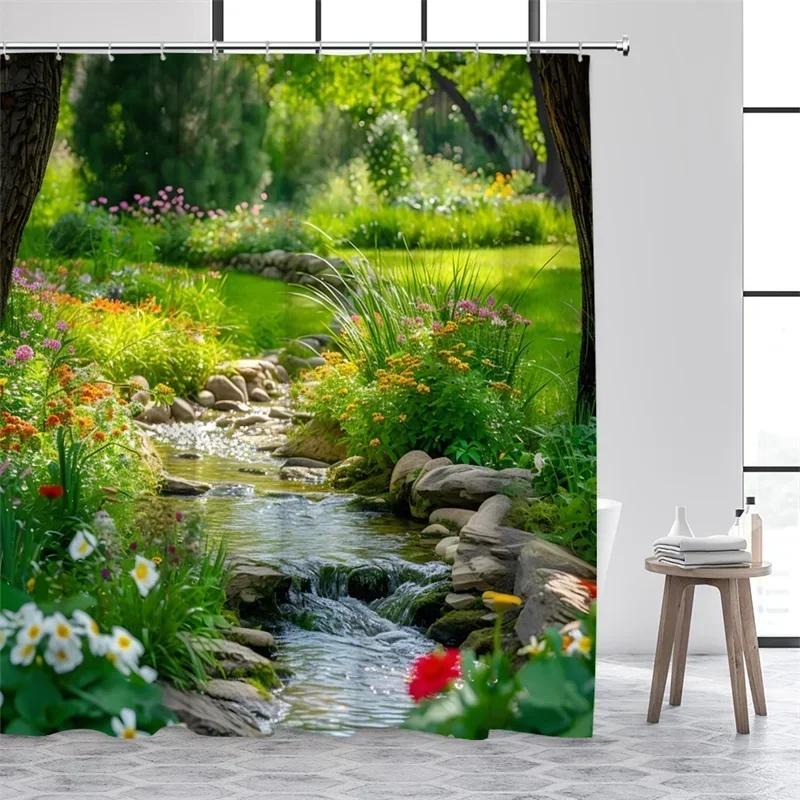 300x180СМ Пейзажные шторки для душа Зеленые растения Пальма Водопад Лес Природа Пейзаж Домашний Набор Декора для Ванной Комнаты