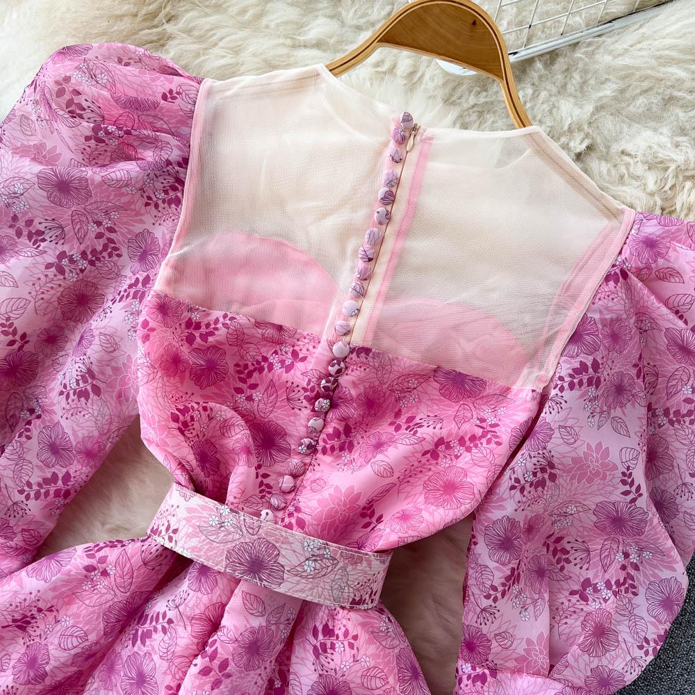 Женское винтажное длинное платье миди с цветочным принтом, летнее милое сетчатое праздничное платье принцессы с пышными рукавами и обручем для волос