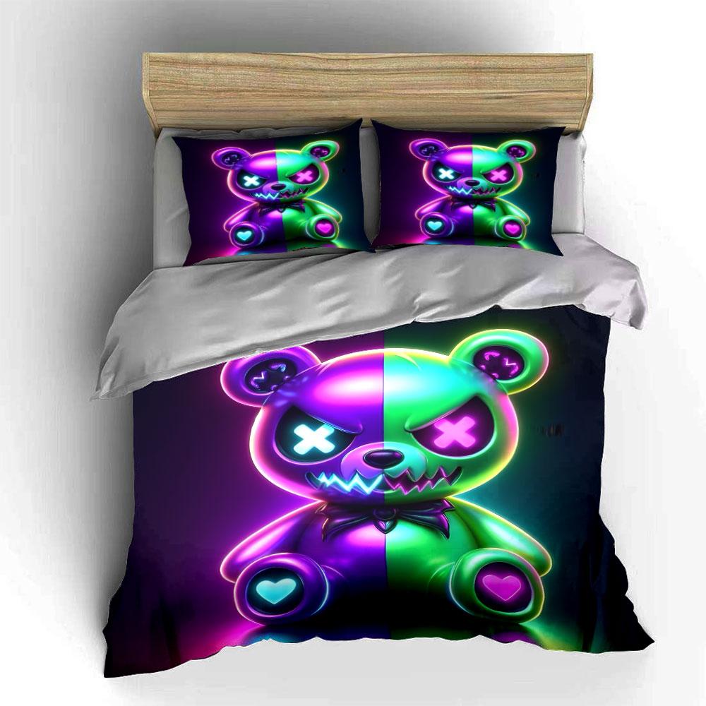 Neon Glowing Bear Plush Art Bedding Duvet Cover Set (1*Duvet Cover 2*Pillowcases, without duvet insert)