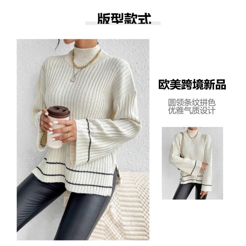 Women S Loose Long Sleeve Knitted Sweater Color Block Patchwork Casual