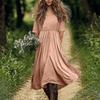 Women's Fashionable Cotton And Linen Solid-color Round-neck Half-sleeve Casual Loose Long Dress