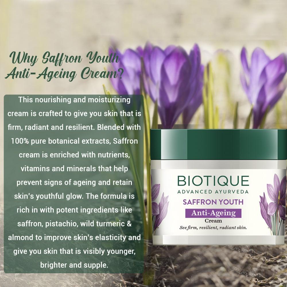 Biotique Saffron Youth Anti-Aging Cream 175g – 100% Botanical Extracts, Reduces Wrinkles & Dark Lines, Revitalizes Skin