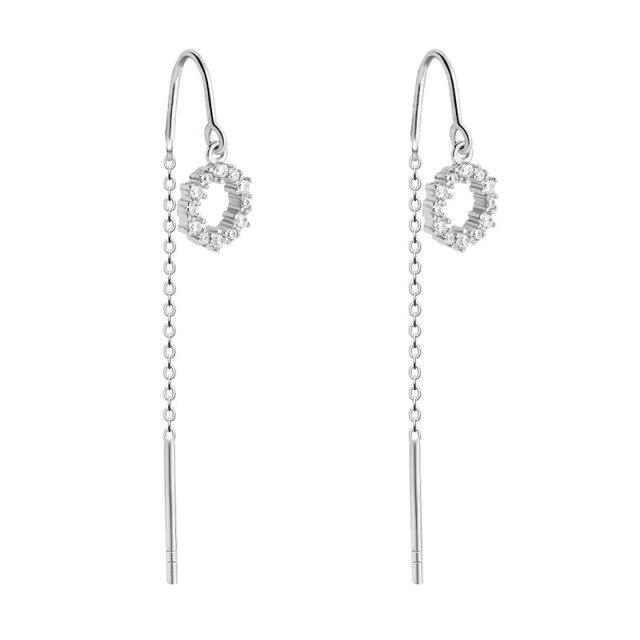 925 Sterling Silver Crystal Round Long Chain Stud Earring For Women Girls Wedding Jewelry Pendientes Accessories Eh1426