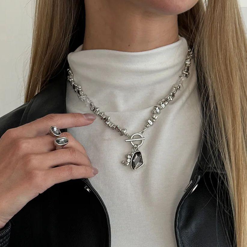 SHIXIN 2Pcs/Set Luxury Rhinestones Acrylic Pendant Necklace Ring for Women Charm Adjustable Opening Jewelry Set Accessories