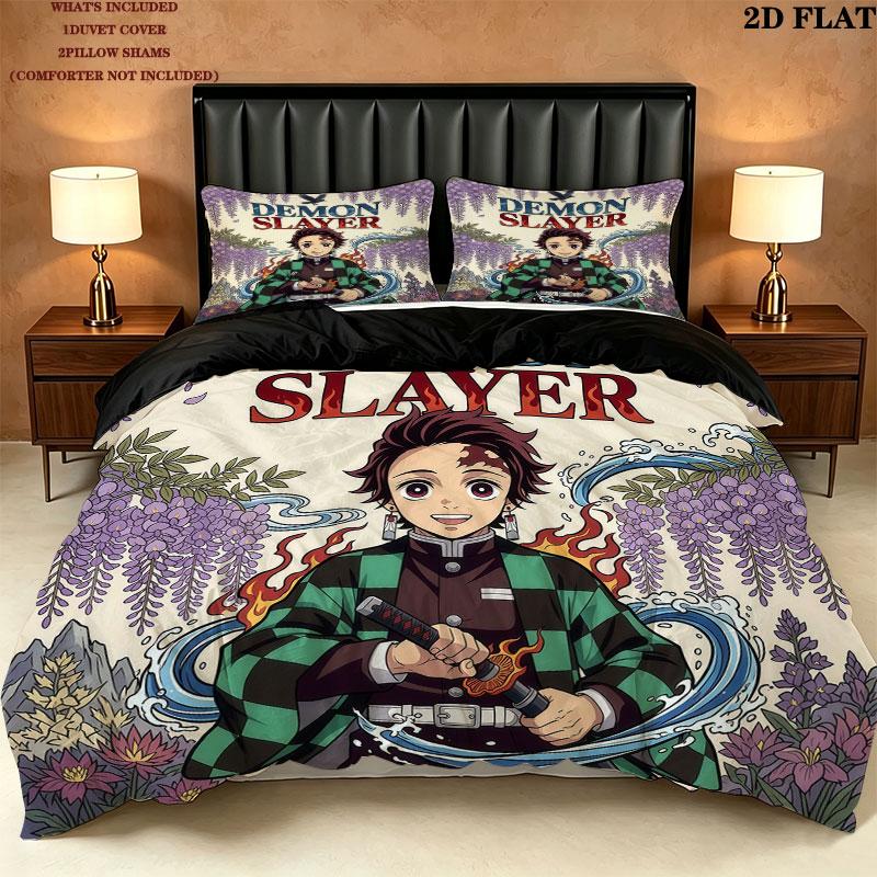 Demon Slayer Pattern Bedding Quilt Set Quilt Cover Pillowcase Home Birthday Gift(1 * duvet cover + 2 * pillowcase, without core)