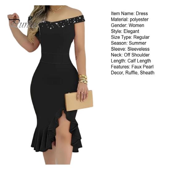 Evening Dress Off Shoulder Sheath Sleeveless Irregular Ruffle Hem Slim Fit Solid Color Faux Pearl Decor Midi Dress for Party Prom Wedding