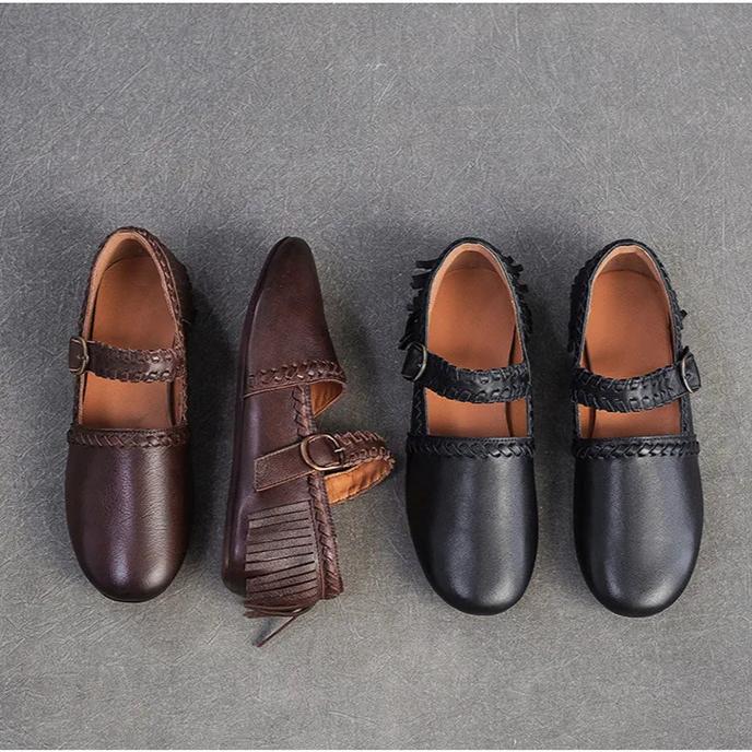 Johnature Натуральная кожа Однотонная Пряжка для ремня Женская обувь Ретро Универсальная Кисточка Круглый носок Мягкая подошва Балетки