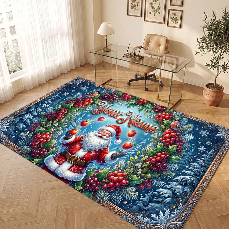 Christmas Winter Theme Crystal Velvet Floor Rug Personalized Custom Name Text Warm Carpet Home Decoration