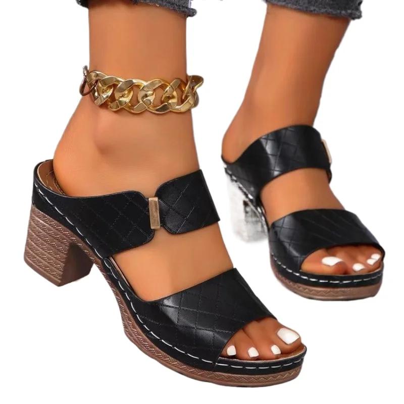 Women Summer Lightweight Hollow Sandals High Heels New Dress Chunky Open Toe Slippers Female  Casual Slingback Slides Shoes
