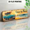 2D Flat, [2Dflat], 2D Flat - Retro Sign, Depicting Surfing Travel Theme, Featuring Vintage Cars And Beach Scenes, Ideal for Cafes, Living Rooms, Resor