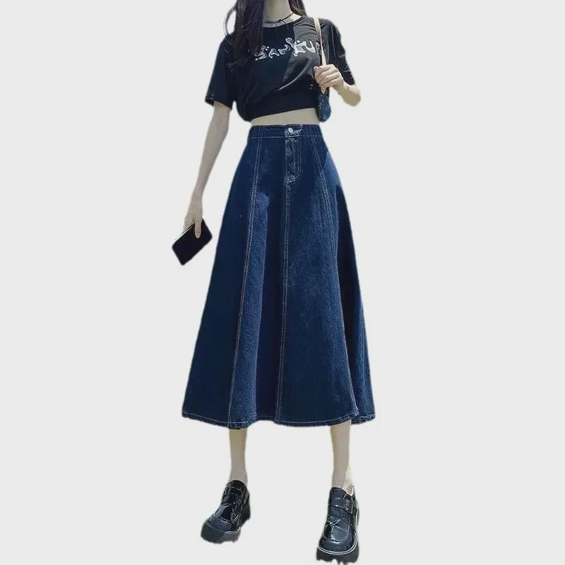 2024 Джинсовая юбка А-силуэта с высокой талией в стиле ретро — средней длины, большой размер Swing, весна-лето
