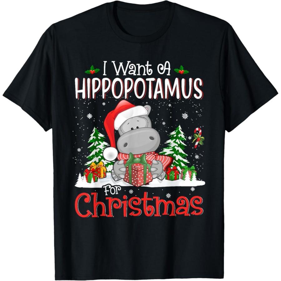 Я хочу бегемота на Рождество Xmas Hippo для ребенка Женская футболка(5)