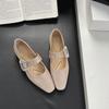 Flat Single Shoes Women's New Suede Square Head Rhinestone One-word Buckle Mary Jane Shoes Thick Heel Versatile