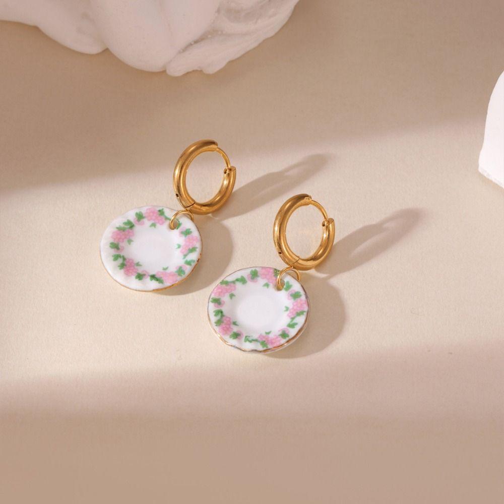 Chinese Style Blue and White Porcelain Earrings Dripping Oil Gold Enamel Hoop Earrings  Women