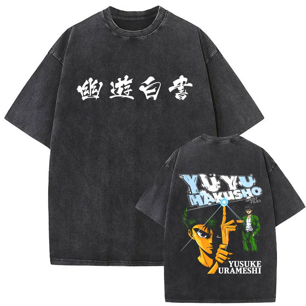 Аниме YuYu Hakusho Винтажная стираная футболка Мужская Женская Одежда Мультяшная Оверсайз Футболка Мужская Хип-Хоп Ретро Футболки Уличная одежда