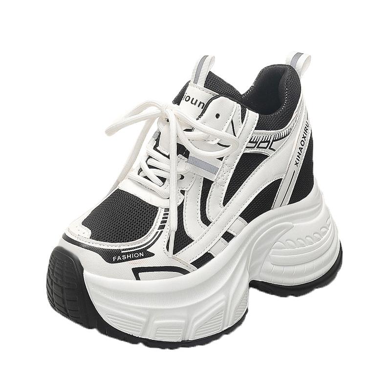 Мода 10 см Женские Осенние Дышащие Сетчатые Кроссовки из Микрофибры на Высокой Платформе и Танкетке Модные Женские Массивные Спортивные Кроссовки на Шнуровке в Стиле "Папа"