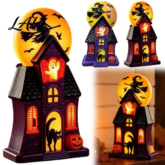Vintage Style Blow Molded Decor Halloween Haunted House Mold Light Pre-Lit Mansion with Glowing Witch Spooky Atmosphere Party Lights Moon Ghost Black