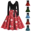Women's Ladies Casual Fashion Christmas Printed V-Neck Retro Dress