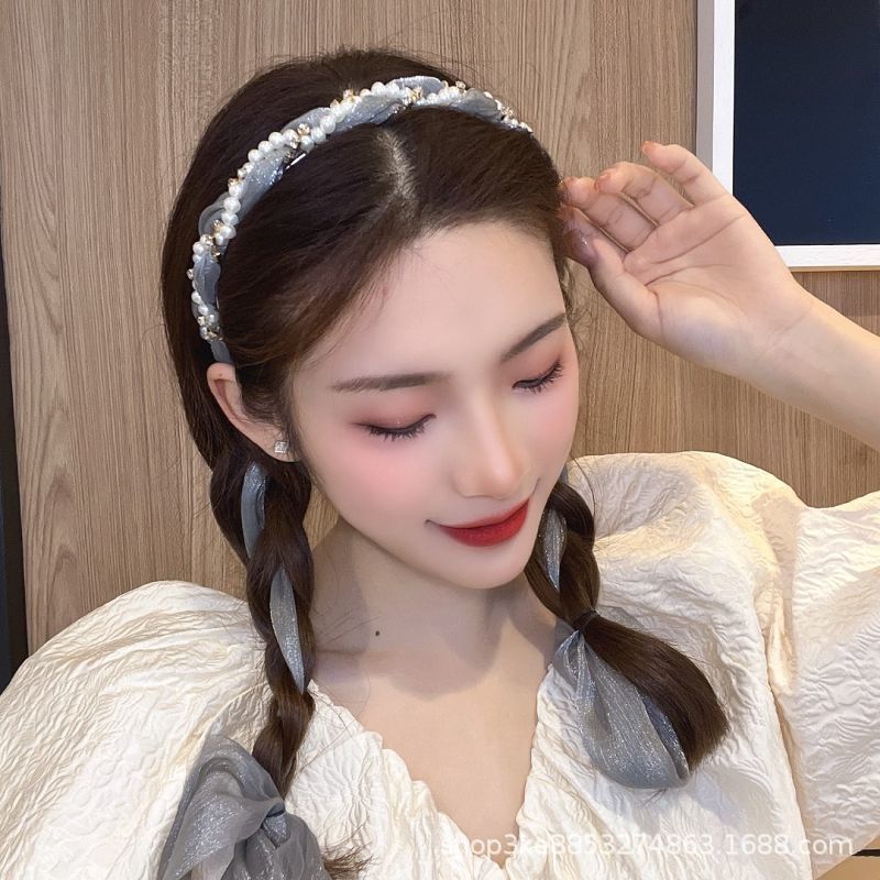 Summer Braid Headband Girl Pearl Headband Streamer Tie Hair Fashion Headband
