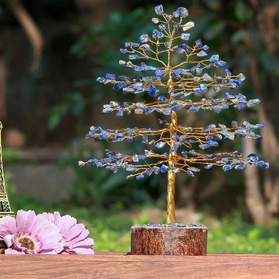 Лазурит Причудливый домашний декор Экспонаты на удачу Деньги Хрустальное дерево Подарочные товары Декор для офиса Спальня Свадебный подарок, Золотая проволока, 25,4 см