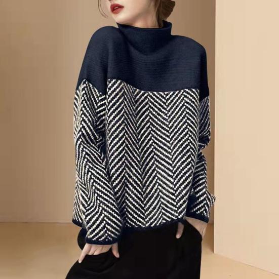 Women Sweater Half High Collar Long Sleeve Color-Blocked Loose Fit Knitting Top Autumn Winter Thick Warm Pullover Tops