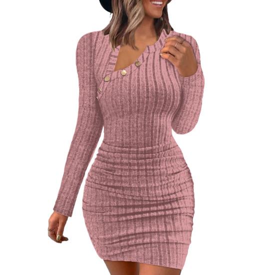 Женское осенне-зимнее платье, облегающий эластичный пуловер с длинным рукавом и пуговицами, полосатый косой вырез, мягкая оболочка, облегающий пуловер длиной выше колена, весна