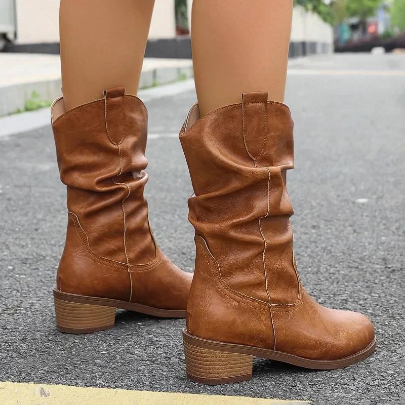 Распродажа модной женской обуви 2024 года, высококачественные женские ботинки с круглым носком, однотонные, средней высоты, на толстом каблуке, модные ботинки
