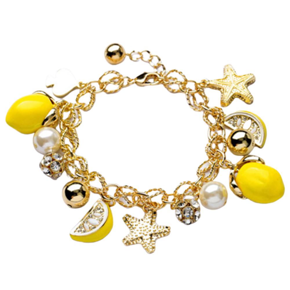 Diamonding Jewelry Creative Summer Beach Women Faux Pearl Starfish Lemon Charm Bracelet Bangle