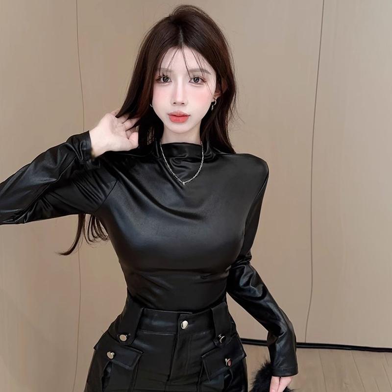 Women's Top Shiny High Neck Long Sleeved T-shirt