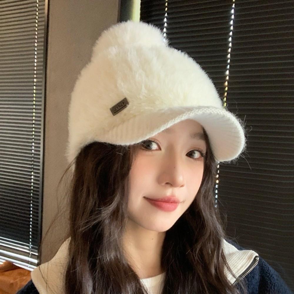 Solid Color Rabbit Fur Texture Hat Polyester Peaked Cap Warm Ear Flap Hat Girls