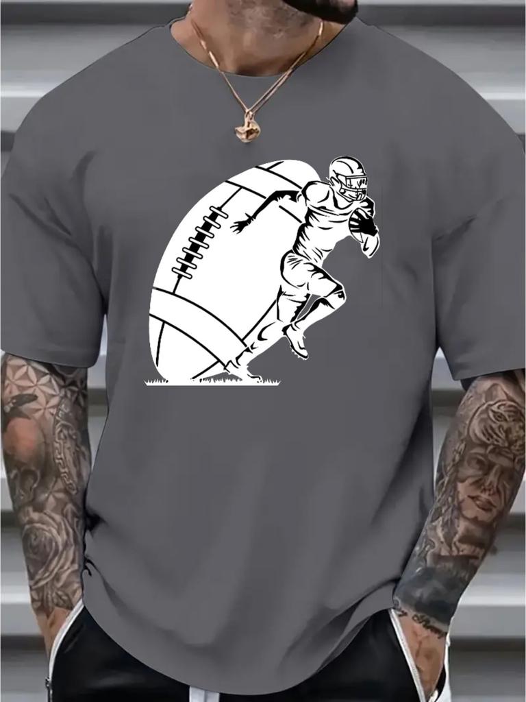Unisex Black Summer Crew Neck Tee American Football Player Rugby Ball Print Short Sleeve Loose Casual Streetwear Fashion Unisexs Top