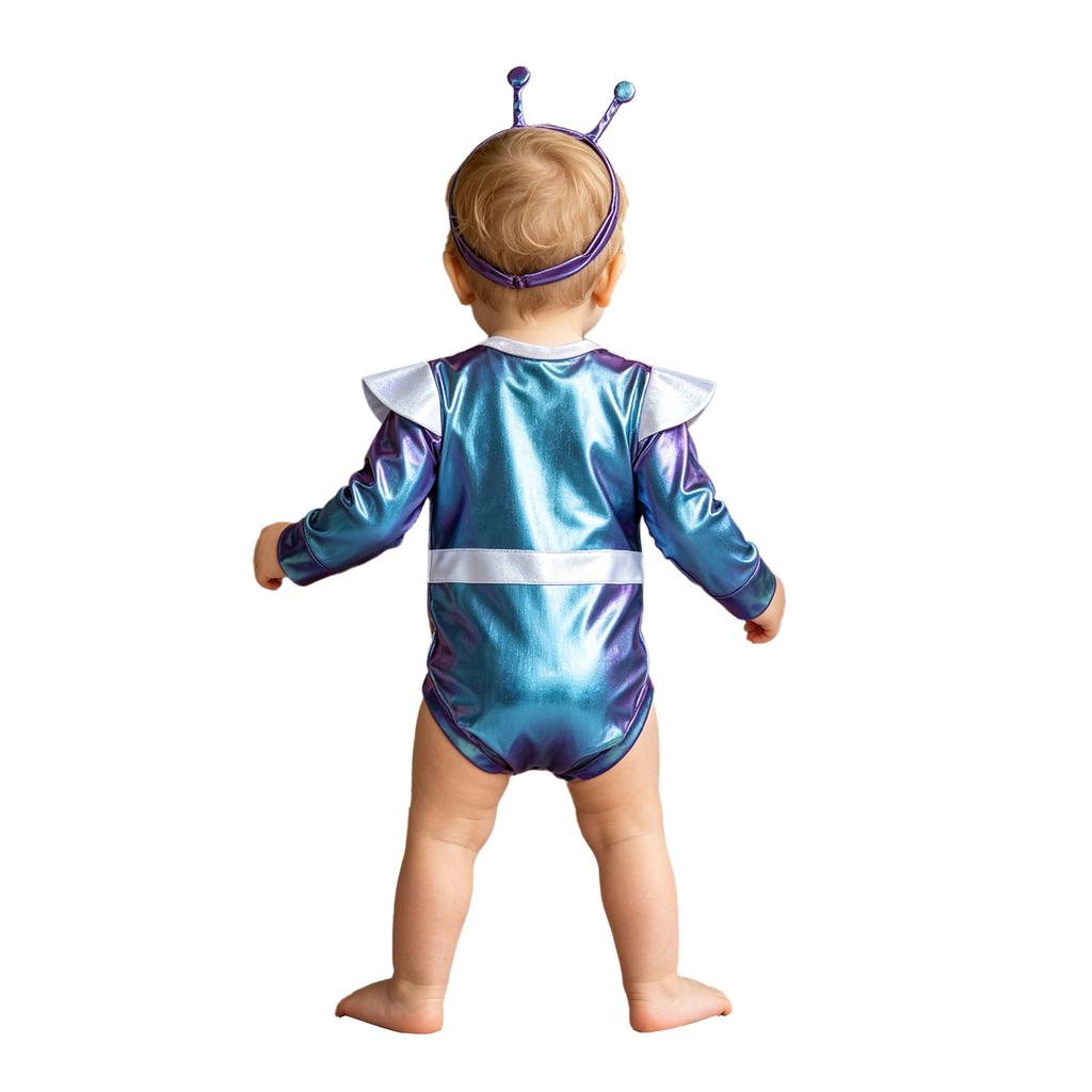 Baby Girls Color Block Alien Outfit Long Sleeve Press Button Crotch Metallic Romper Photography Costume