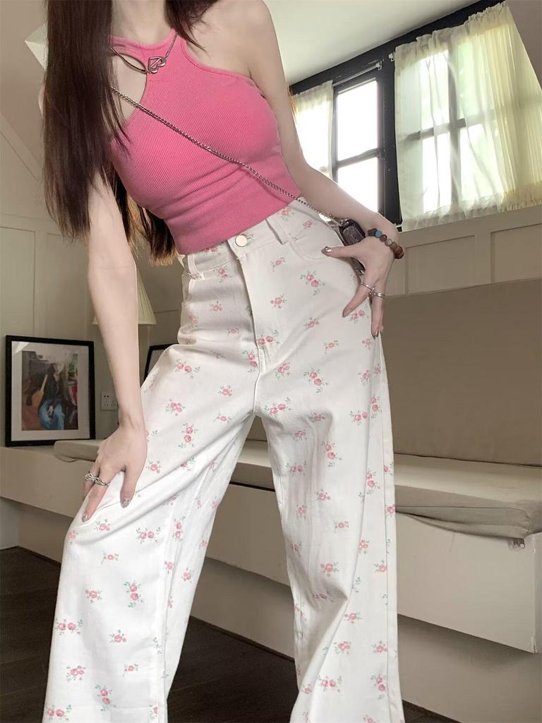 Женские джинсы с высокой талией и широкими штанинами, цветочные мотивы - лето 2024 г., свободный крой, большой размер