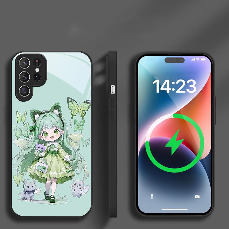 Q-версия Синяя Бабочка Подходит для Samsung Galaxy S25 Ultra S20 FE S21 S22+ S23 Plus S24 S26 Edge Магнитное Стекло Чехол для Телефона