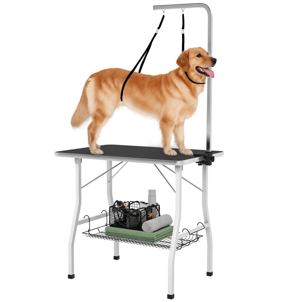 Dog Grooming Table, Grooming Table with Adjustable Arm, Storage Compartment, Rubber Surface, 90 x 60 x 76 cm, Black