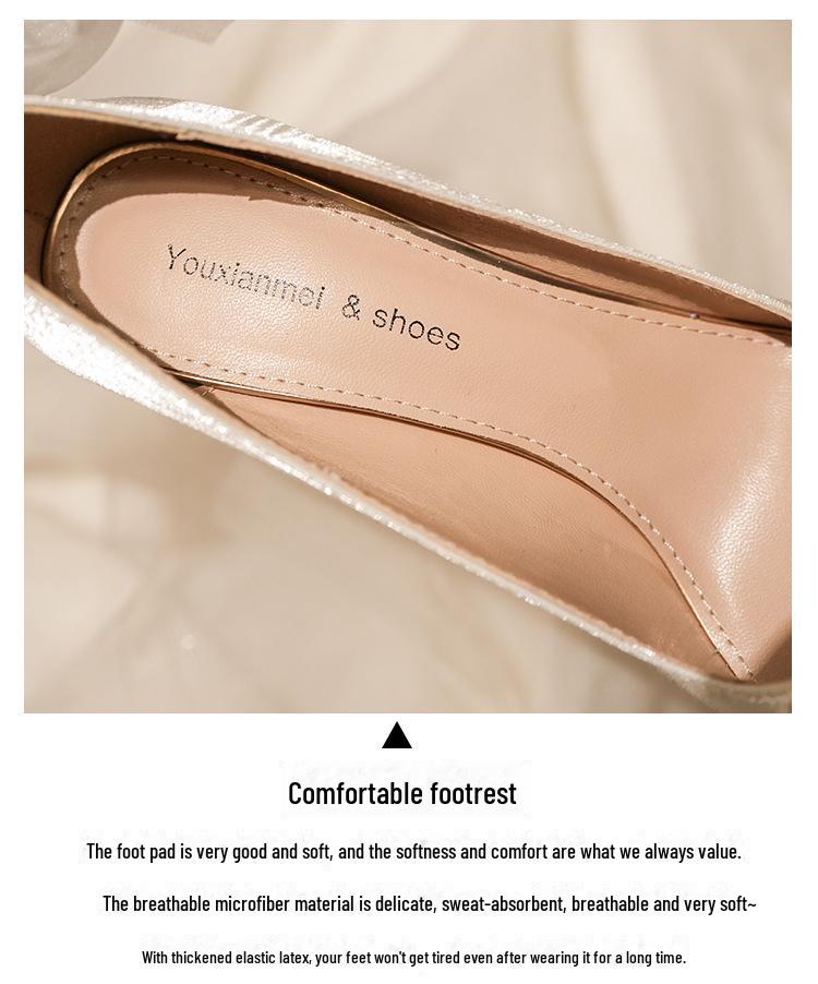 White Satin Stiletto Heels with Rhinestone Bow for Weddings and Banquets