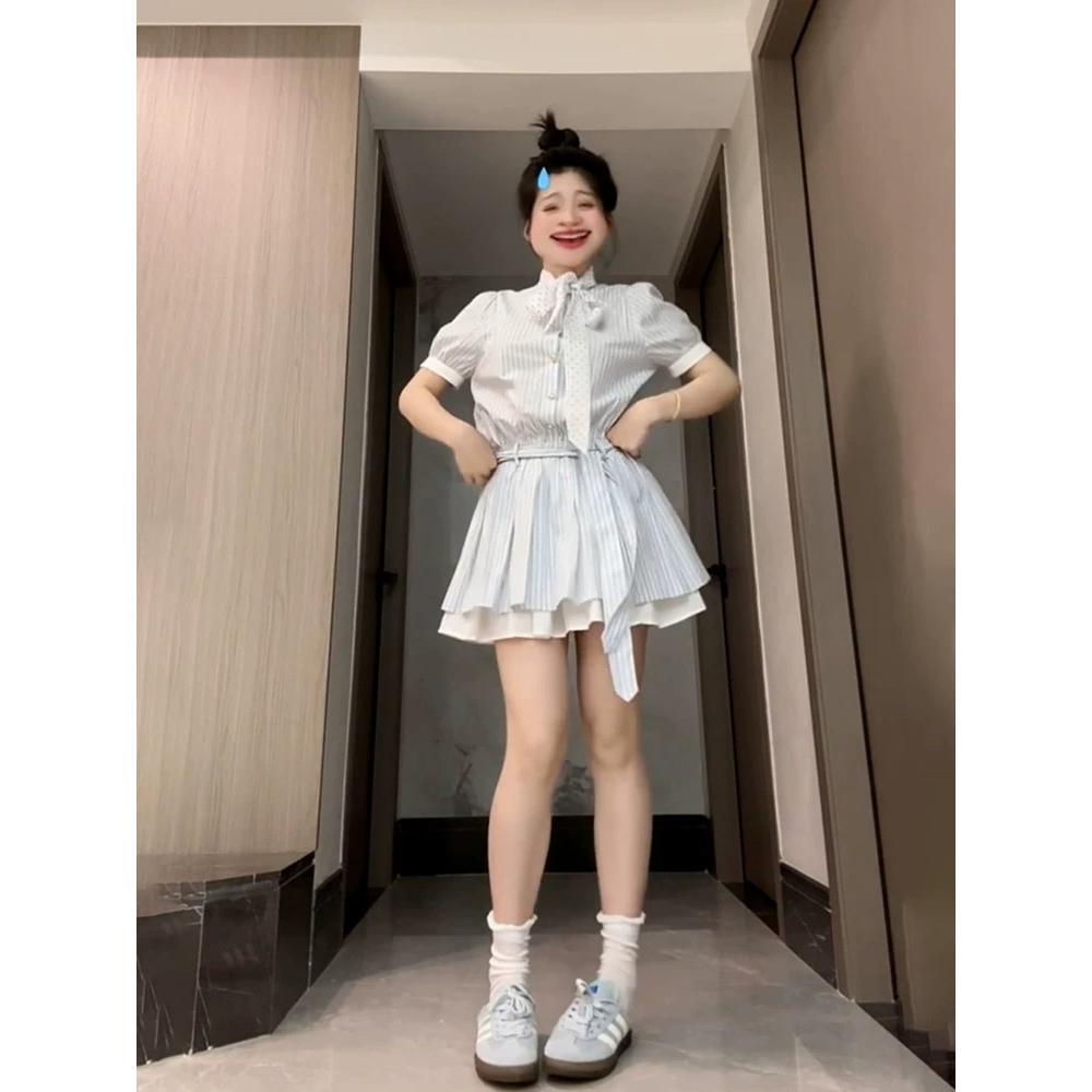 Korean cold striped French dress for women's summer small people, advanced sense, waist and thin a-word shirt skirt