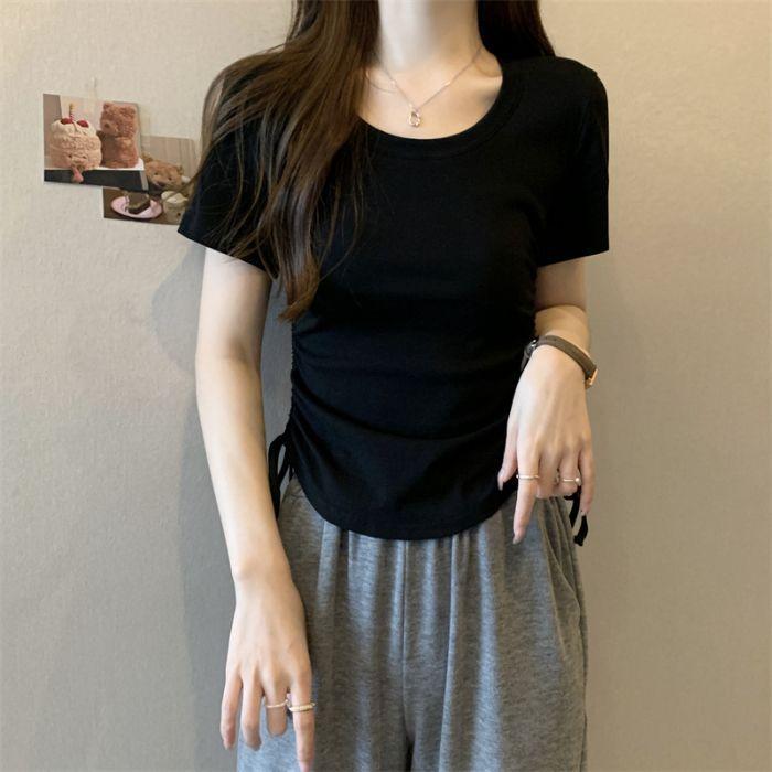 Футболка с короткими рукавами из хлопка для женщин, новая летняя короткая футболка с завязками для девушек, однотонный топ с круглым вырезом