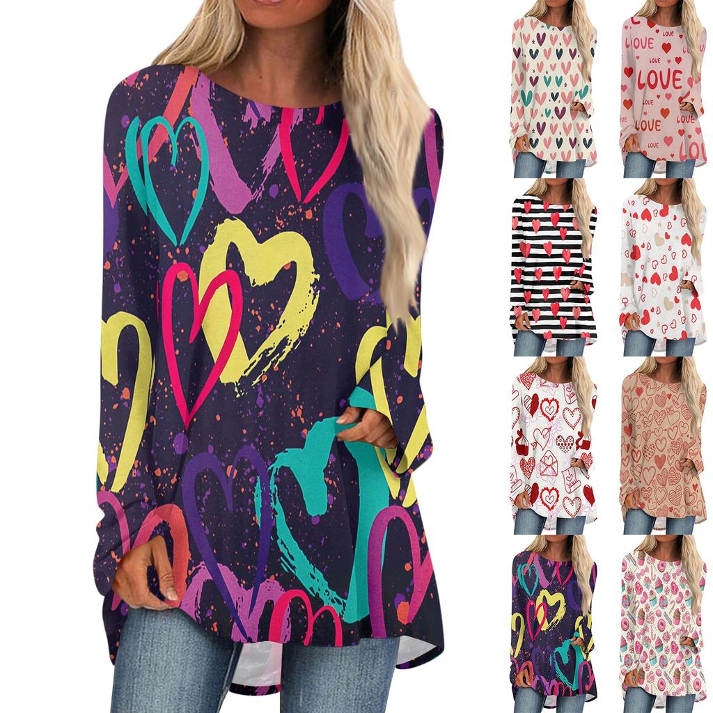 Женская мода повседневная блузка с длинным рукавом и принтом «Любовь ко Дню святого Валентина», круглый вырез, пуловер