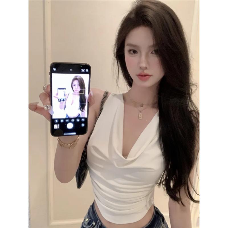 Женский укороченный топ без рукавов с воротником-хомутом, облегающий, повседневный, летний жилет