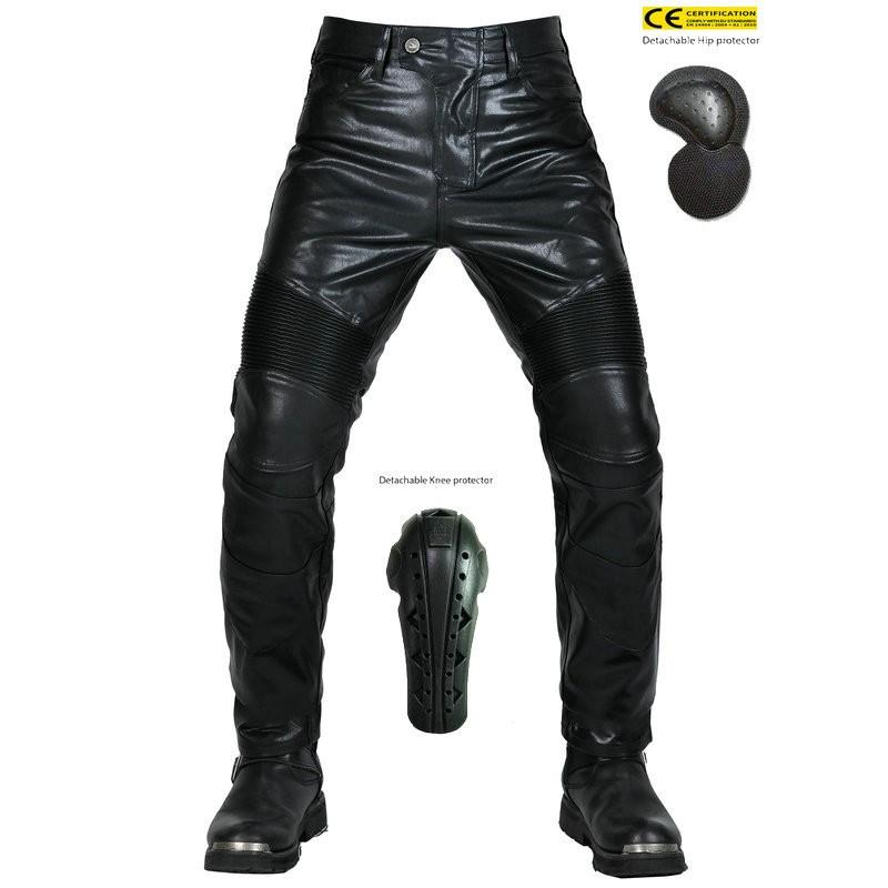 Mens Motorcycle Riding Pants PU Leather Protective Gear Anti-Fall Windproof Waterproof Stretch Fit Straight Cut Racing Style