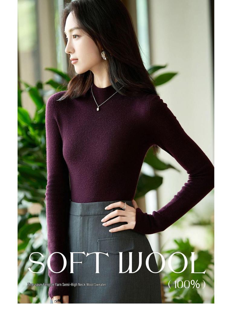 Autumn Women's Half High Neck Knitted Wool Sweater - Slim Fit, Long Sleeve, Plus Size, Elegant Top