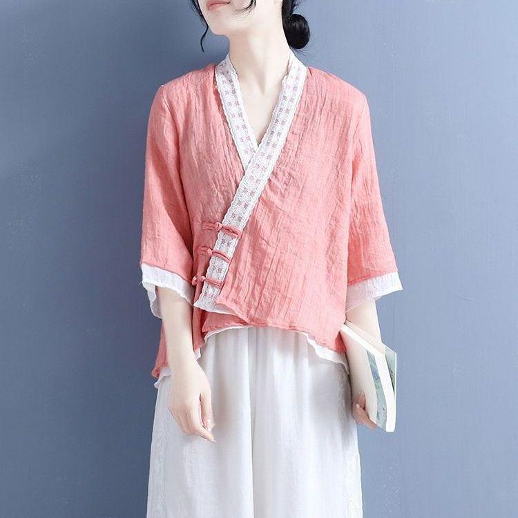 Women's Cotton Linen V-Neck Cardigan - Loose Fit, 3/4 Sleeve, Summer Retro Color Block Design